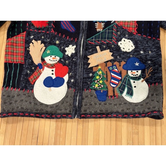 Hampshire Studio Ugly Christmas Sweater Sz Medium Snowman Patchwork Zip Up - Picture 4 of 6